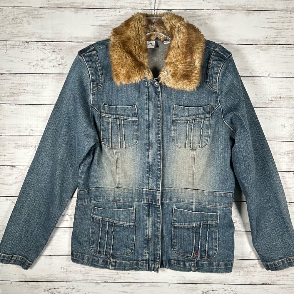 Mary McFadden VINTAGE Removable Faux Fur Collar Distressed Denim Jacket M